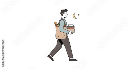A man carries a grocery bag filled with food and books, walking under the crescent moon and star of twilight