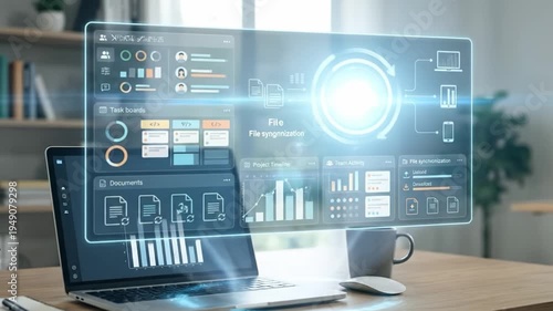 Wallpaper Mural Futuristic digital interface laptop workspace technology with data visualization file synchronization office productivity business analytics modern desk setup computer digital dashboard workflow Torontodigital.ca