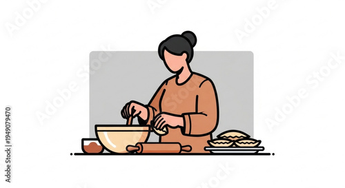 A woman in a brown tunic is making a pie and mixing ingredients in a bowl on a table with a rolling pin and a pie dish