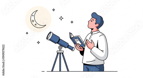 Man Gazing at Moon with Telescope and Book, Illustrating Astronomy and Celestial Observation