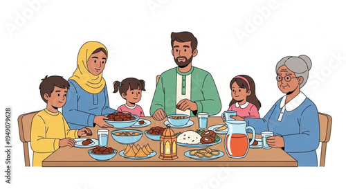 Multi-generational family enjoying a communal dinner, sharing traditional food and fostering bonds during a special gathering, celebrating togetherness and cultural heritage