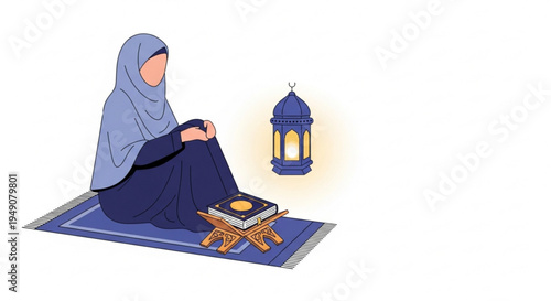 Illustration of a Muslim woman in hijab reading the Quran on a prayer mat next to a lantern