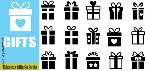Collection of gift icons with hearts and presents