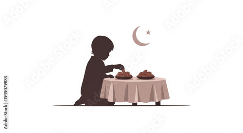 A Silhouette of a Young Child Sitting by a Table with Dates and a Crescent Moon Symbol, Evoking a Sense of Ramadan
