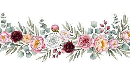 Elegant Floral Border with Roses, Peonies, and Eucalyptus Leaves - Watercolor