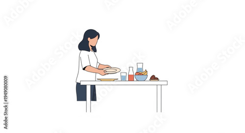A woman is setting a table with plates and glasses, ready for a meal