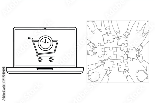 Line drawing of laptop with shopping cart and clock on screen and hands putting together puzzle pieces