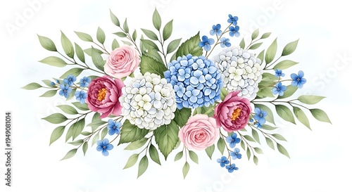 Watercolor Floral Arrangement: Hydrangeas, Roses, and Blue Flowers with Green Leaves