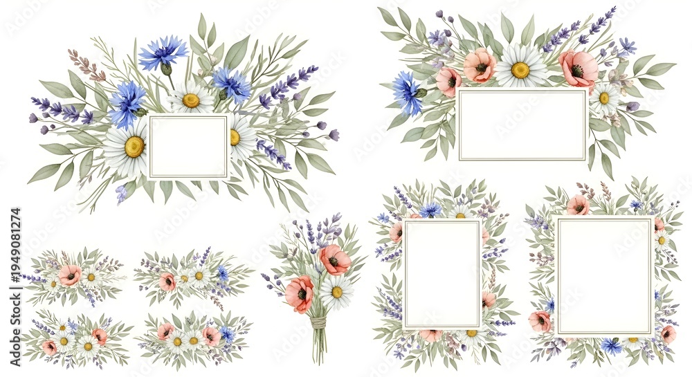 Obraz premium Watercolor floral frames with daisies, poppies, cornflowers, lavender. Wedding invitations.