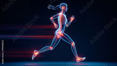 女性ランナーの骨格と関節の動きを示すスポーツ医学イメージ