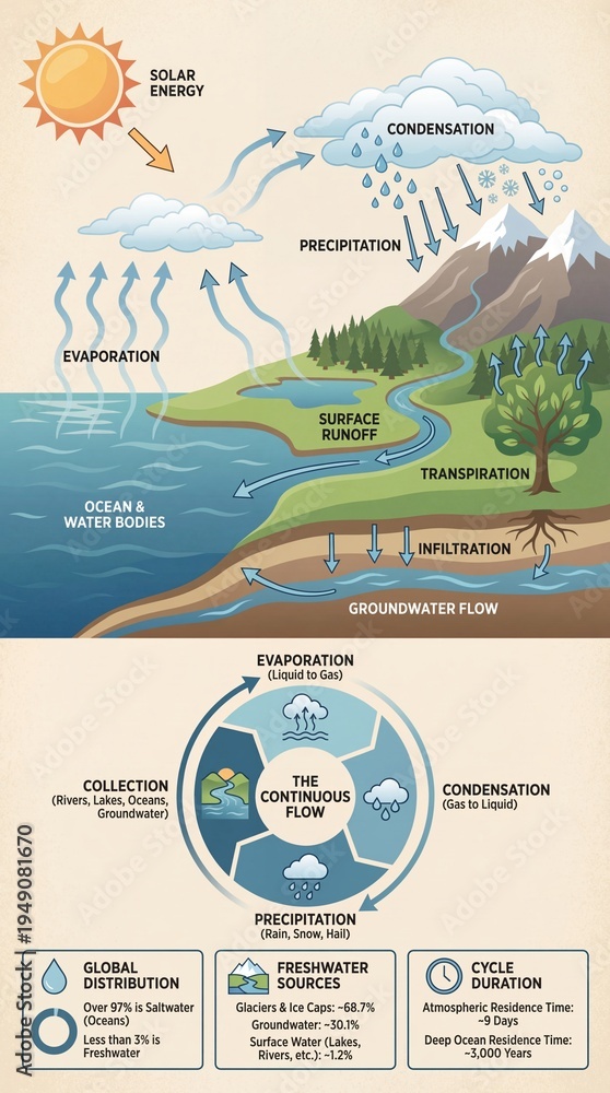 Naklejka premium Informative Diagram Illustrating The Natural Water Cycle and Its Processes