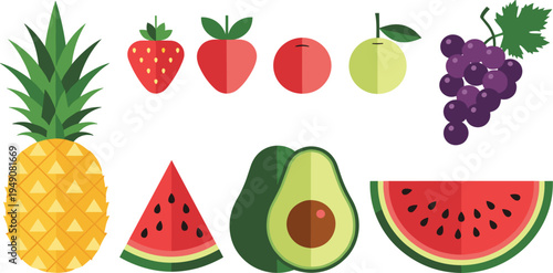 Vibrant Fresh Fruit Set with Pineapple, Strawberry, Grape, Avocado, and Watermelon for Healthy Nutrition Illustrations