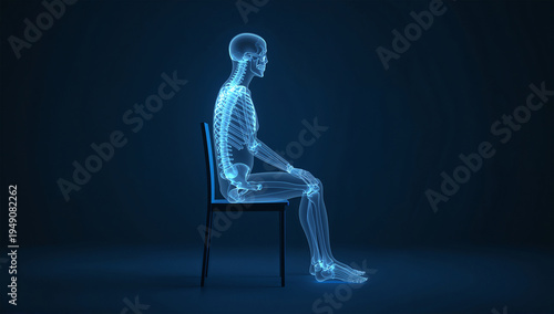 椅子に座る人体骨格を示した姿勢と解剖学の医学イメージ