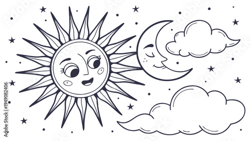 A charming black and white illustration depicts a smiling sun face and a crescent moon resting on a cloud, surrounded by twinkling stars. high-quality professional