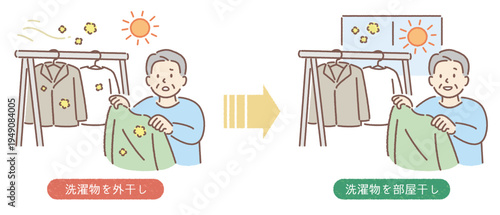 花粉対策_外干しから部屋干しに変える高齢男性