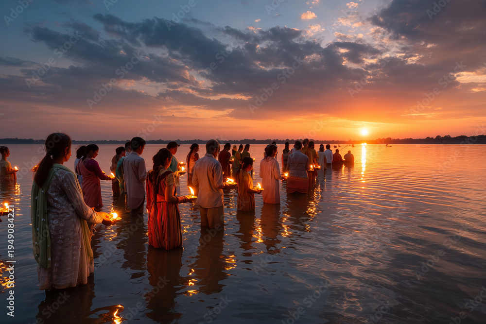 Fototapeta premium Devotees offering evening prayers with diyas in the river during Chhath Puja under glowing sunset light. 