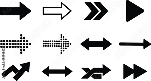 Black arrow icons set with solid, outline and dotted styles, navigation direction symbols pointing right and left, isolated on white background vector pack