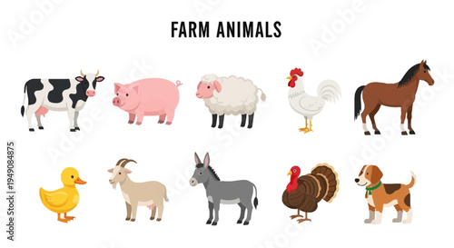 Ten distinct cartoon farm animals arranged in two rows under the title FARM ANIMALS