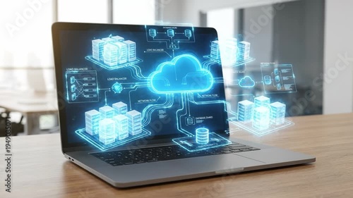 Cloud computing hologram interface displaying digital data storage and network flow on laptop with server technology for futuristic business and virtual system connection