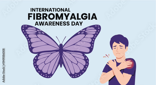 Purple butterfly with man experiencing pain on International Fibromyalgia Awareness Day in purple and blue colors for health campaign