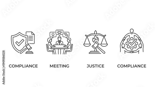 A set of icons representing compliance, meeting, and justice concepts in a simple line style