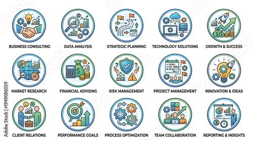 A collection of business strategy icons for consulting, planning, and management on a white background
