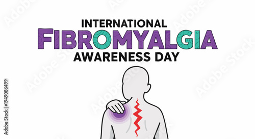 Fibromyalgia awareness day purple and teal logo with person holding painful shoulder in simple line art for health campaign