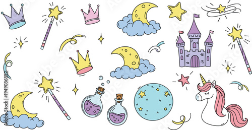 Cute Magic Fantasy Doodle Vector Set with Unicorn, Castle, Moon, Crowns, Potions and Star Wands