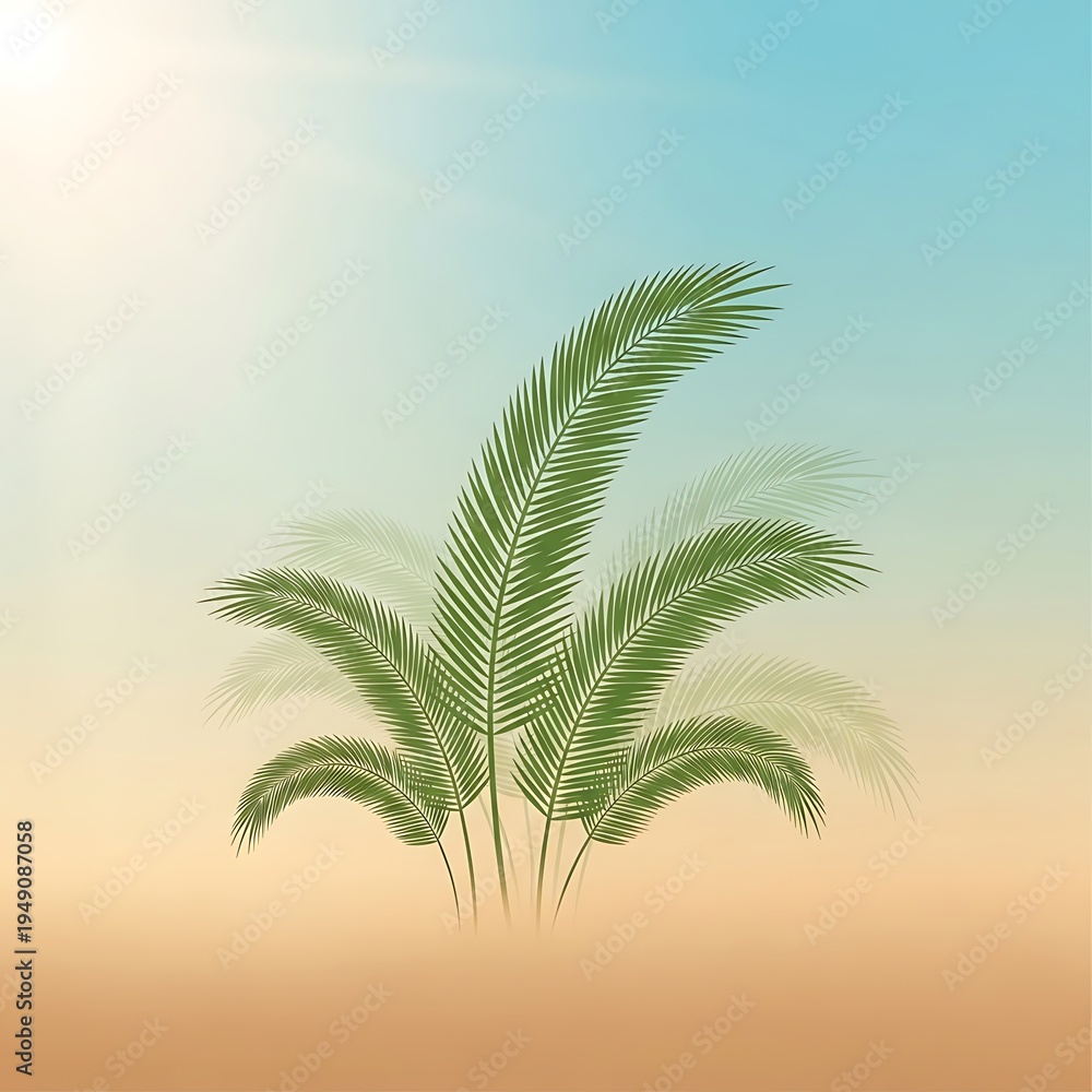 Obraz premium Green palm leaves illustration against a gradient sky and ground background