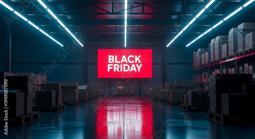 A dimly lit warehouse with a prominent red black friday sign