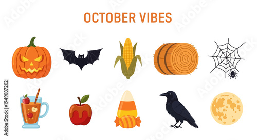 Illustration titled October Vibes showing ten Halloween and autumnthemed icons