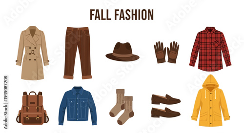 Flat illustrations of ten distinct fall fashion apparel and accessories items