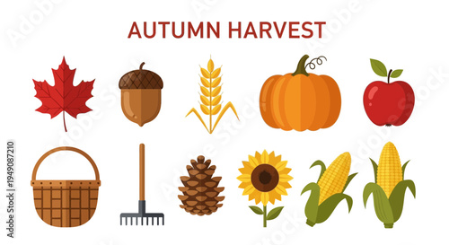 Flat icons representing autumn harvest elements in two rows