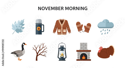 Illustrations representing a chilly November morning featuring seasonal items and wildlife