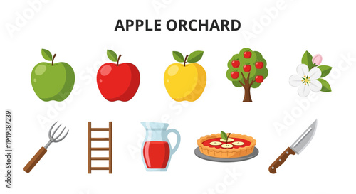 Apple orchard elements displayed in two rows fruits tree blossom tools and baked goods