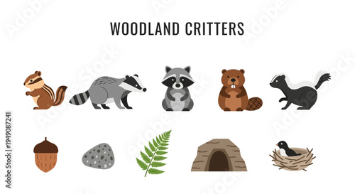 Illustration of woodland critters and natural elements on a white background