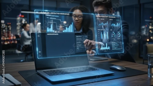 Cloud collaboration workspace with digital productivity dashboards and workflow charts displayed on futuristic transparent screen above laptop in modern office business technology environment