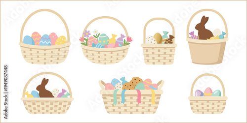 Woven Easter basket vector illustration set filled with colorful eggs and chocolate bunnies.