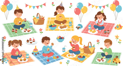 Kids Birthday Picnic Party Cartoon Vector Set with Children Sitting on Blankets, Balloons, Cupcakes and Party Hats