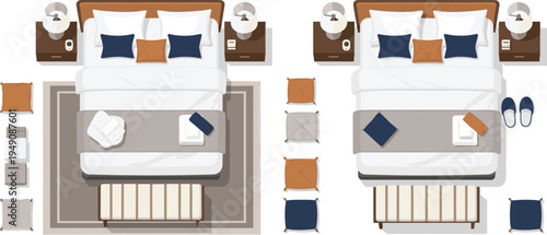 Modern Bedroom Bed Top View Vector Set with Pillows, Nightstands, Rug, Bench and Cozy Interior Layout