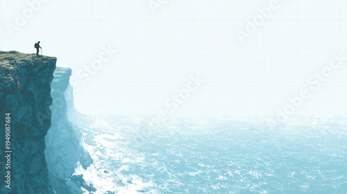 Lone hiker stands on a high cliff edge overlooking a vast misty ocean, symbolizing adventure, risk, and contemplation.
