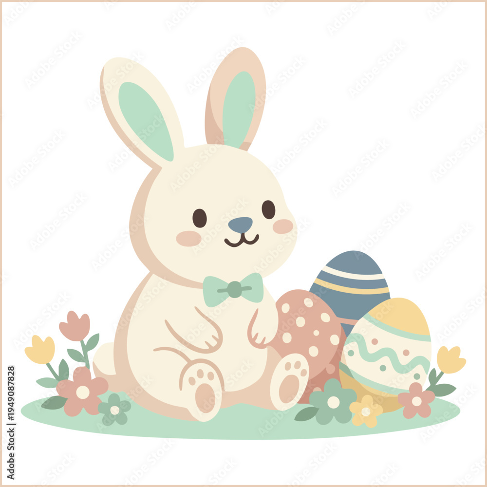 Obraz premium Cute sitting Easter bunny rabbit with decorated pastel eggs vector illustration isolated on white.
