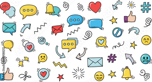 Social Media Hand Drawn Doodle Icon Set with Chat Bubbles, Likes, Hearts, Notifications and Message Symbols