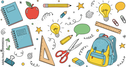 School Supplies Hand Drawn Doodle Vector Set with Notebook, Backpack, Pencil, Ruler, Scissors and Education Elements
