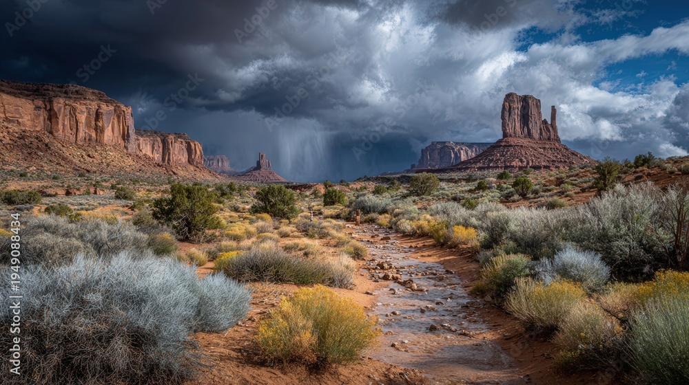 Fototapeta premium Dramatic storm clouds over Monument Valley desert buttes with a small stream winding through colorful shrubs and red sand.