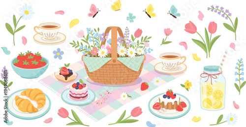 Spring Picnic Tea Party Vector Set with Basket, Croissants, Cakes, Lemonade, Flowers and Cozy Outdoor Dessert Scene