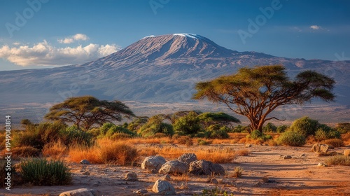 Snowcapped Mount Kilimanjaro rises above a dry African savanna dotted with acacia trees under a clear blue sky.