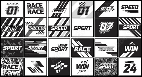 Collection of racing and sports labels.
