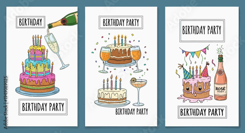 birthday party illustrations with cake and champagne.