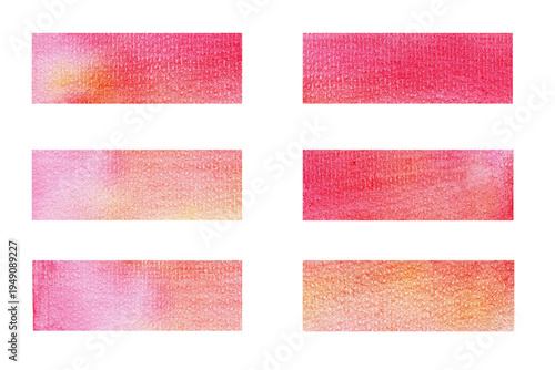 Textured watercolor background swatches. Vibrant pink and orange paint strokes on watercolor paper.
